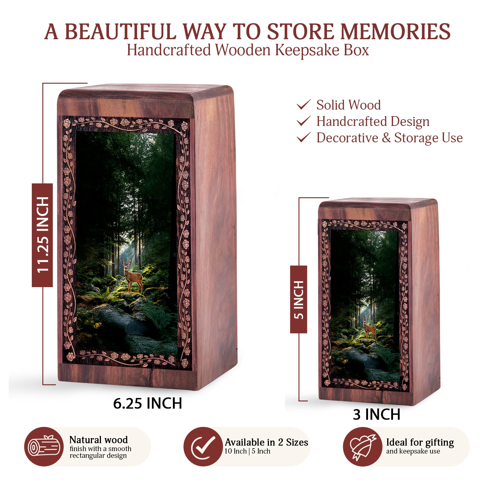Forest Deer Wooden Urn for Ashes – Nature Memorial Cremation Urn for Adults