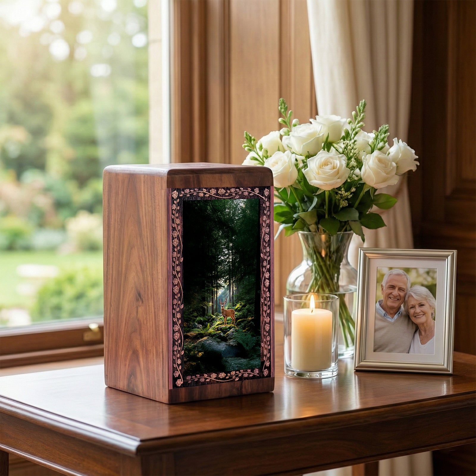 Forest Deer Wooden Urn for Ashes – Nature Memorial Cremation Urn for Adults