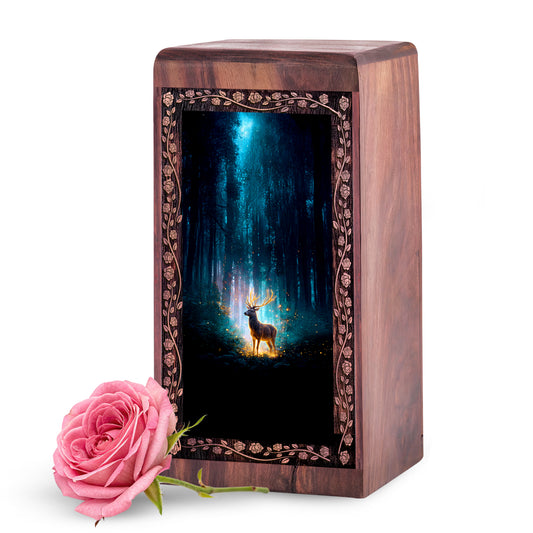 Mystic Deer Forest Theme Urn – Handmade Wooden Cremation Box for Ashes