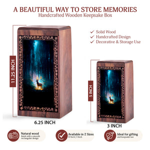 Mystic Deer Forest Theme Urn – Handmade Wooden Cremation Box for Ashes