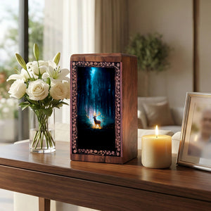 Mystic Deer Forest Theme Urn – Handmade Wooden Cremation Box for Ashes