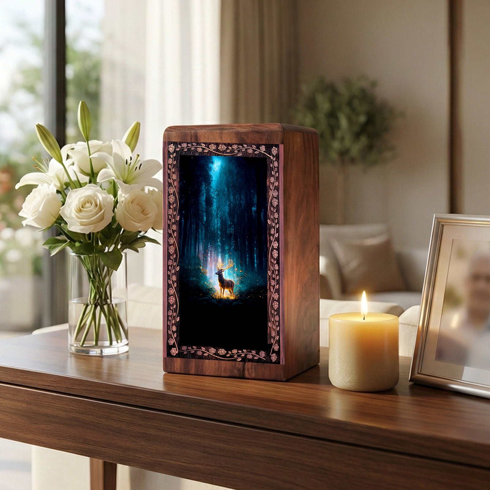Mystic Deer Forest Theme Urn – Handmade Wooden Cremation Box for Ashes