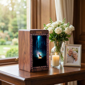 Mystic Deer Forest Theme Urn – Handmade Wooden Cremation Box for Ashes