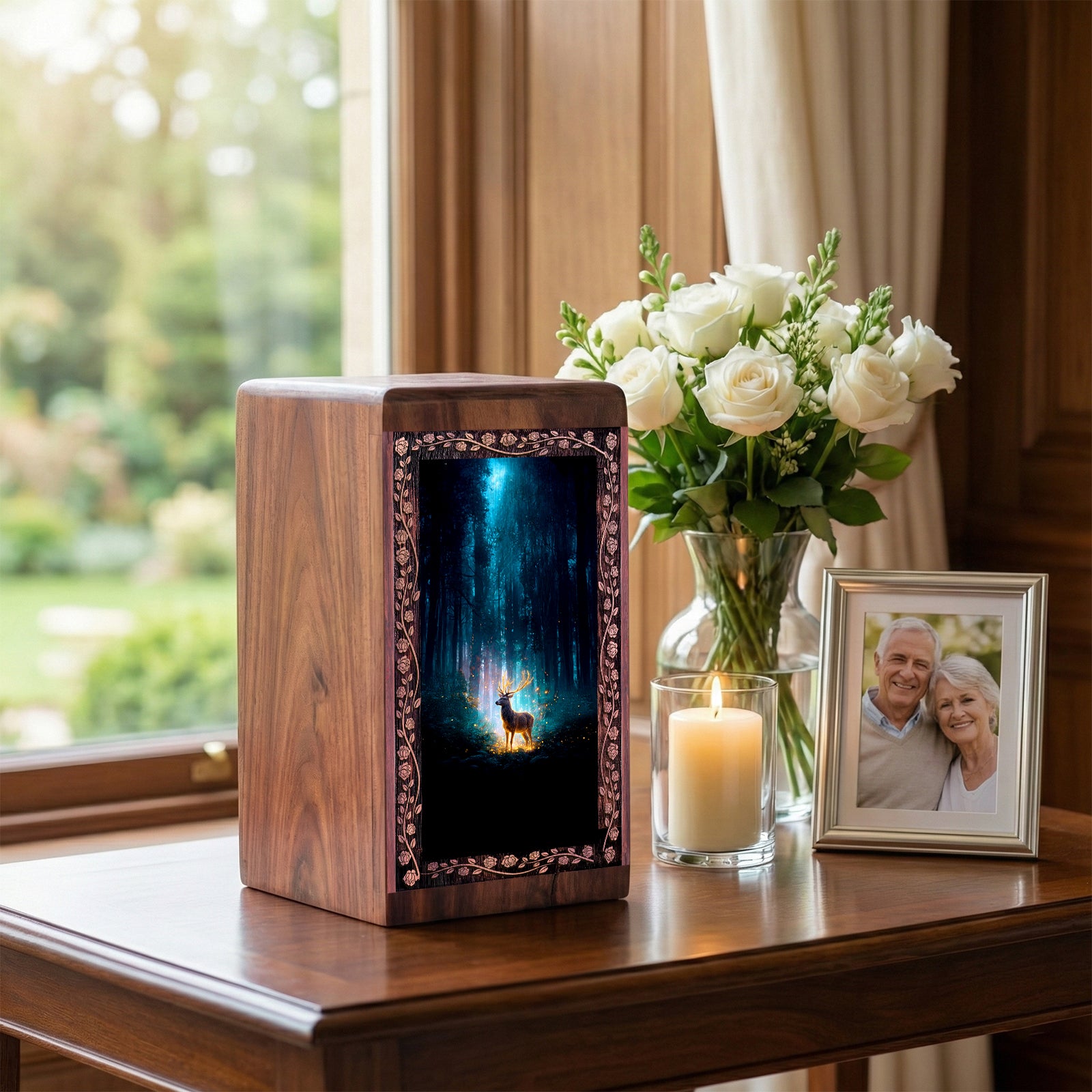 Mystic Deer Forest Theme Urn – Handmade Wooden Cremation Box for Ashes