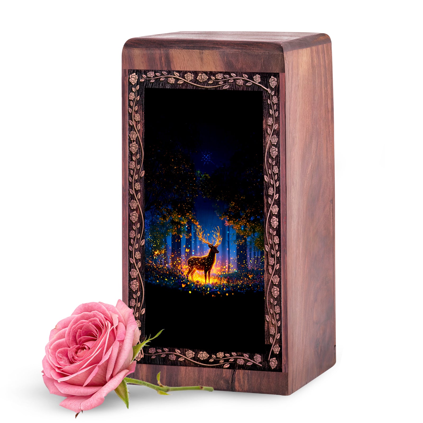 Deer Cremation Urns Wooden Box – Golden Light Forest Theme Urn For Adult Man