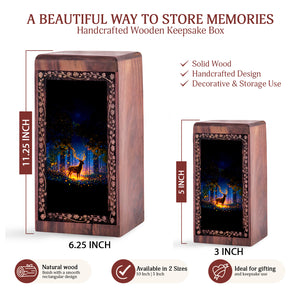 Deer Cremation Urns Wooden Box – Golden Light Forest Theme Urn For Adult Man