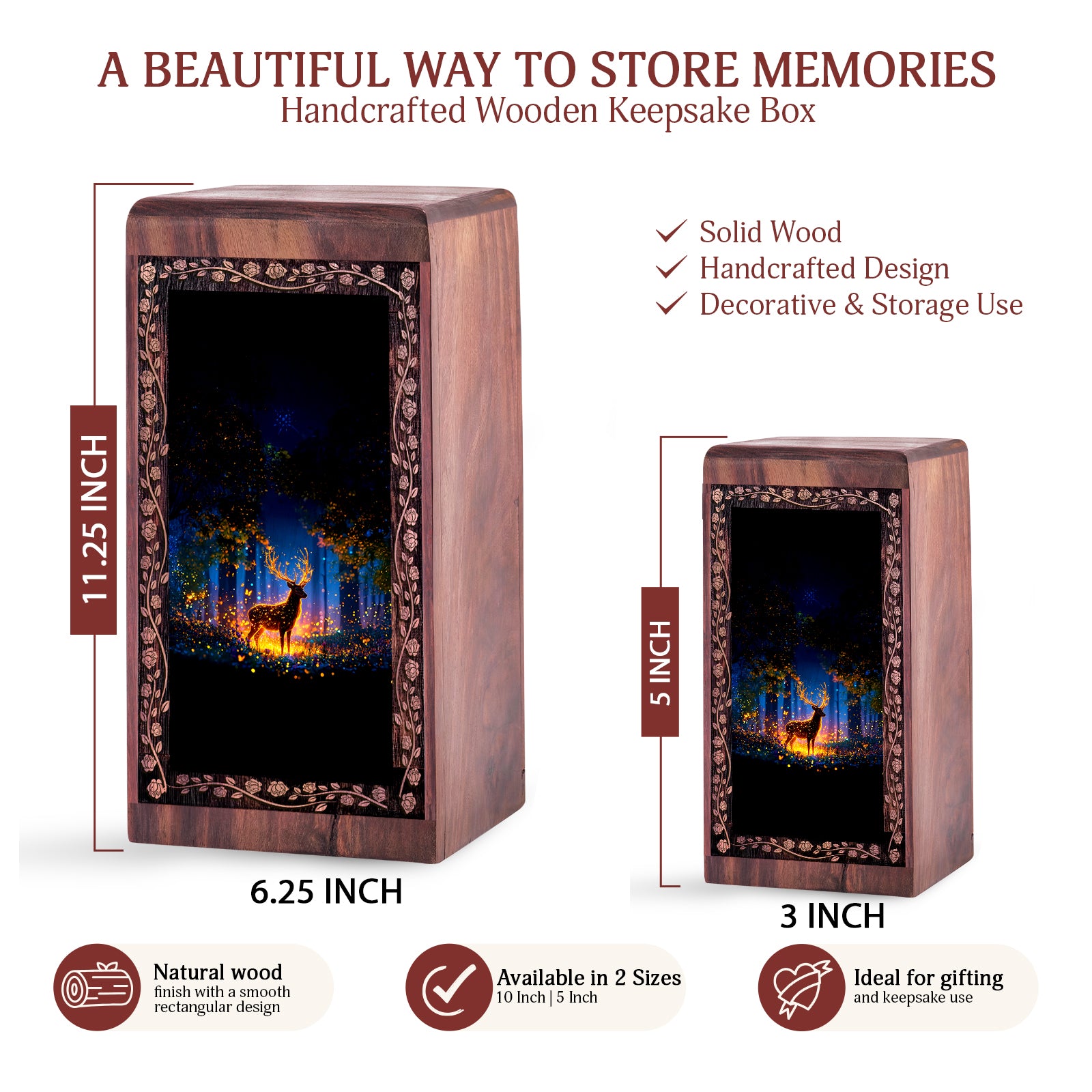 Deer Cremation Urns Wooden Box – Golden Light Forest Theme Urn For Adult Man