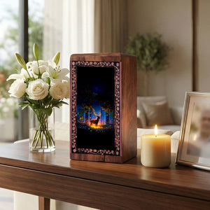 Deer Cremation Urns Wooden Box – Golden Light Forest Theme Urn For Adult Man