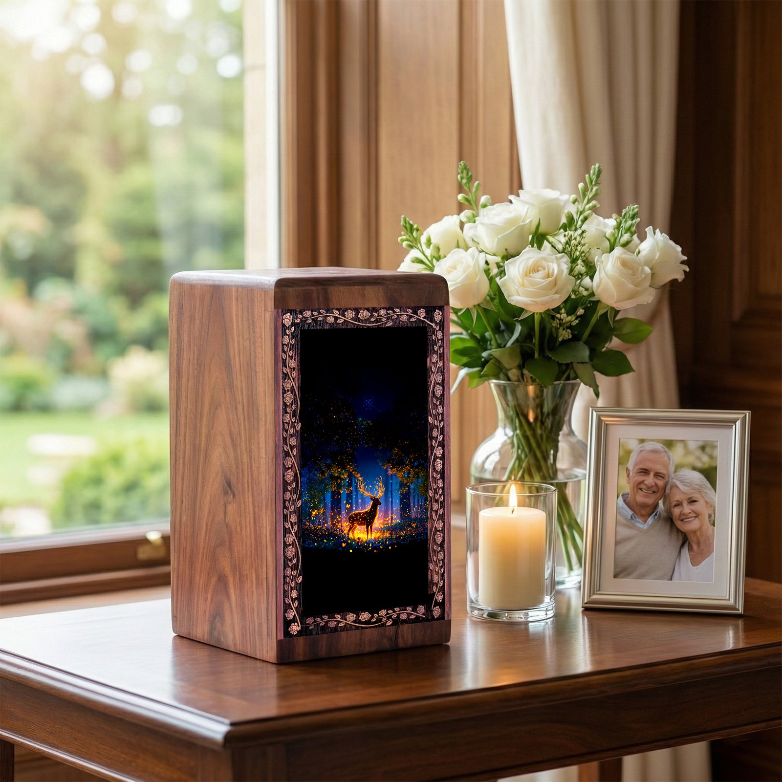 Deer Cremation Urns Wooden Box – Golden Light Forest Theme Urn For Adult Man