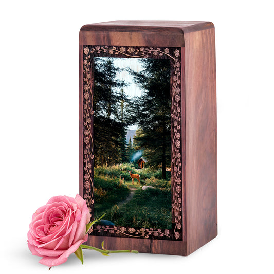 Peaceful Deer Landscape Urn For Ashes - Green Forest Cremation Urn For Burial