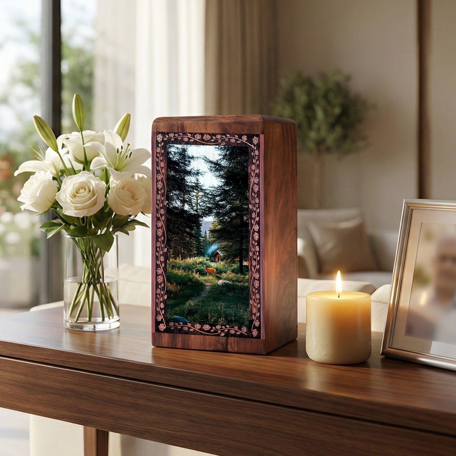 Peaceful Deer Landscape Urn For Ashes - Green Forest Cremation Urn For Burial