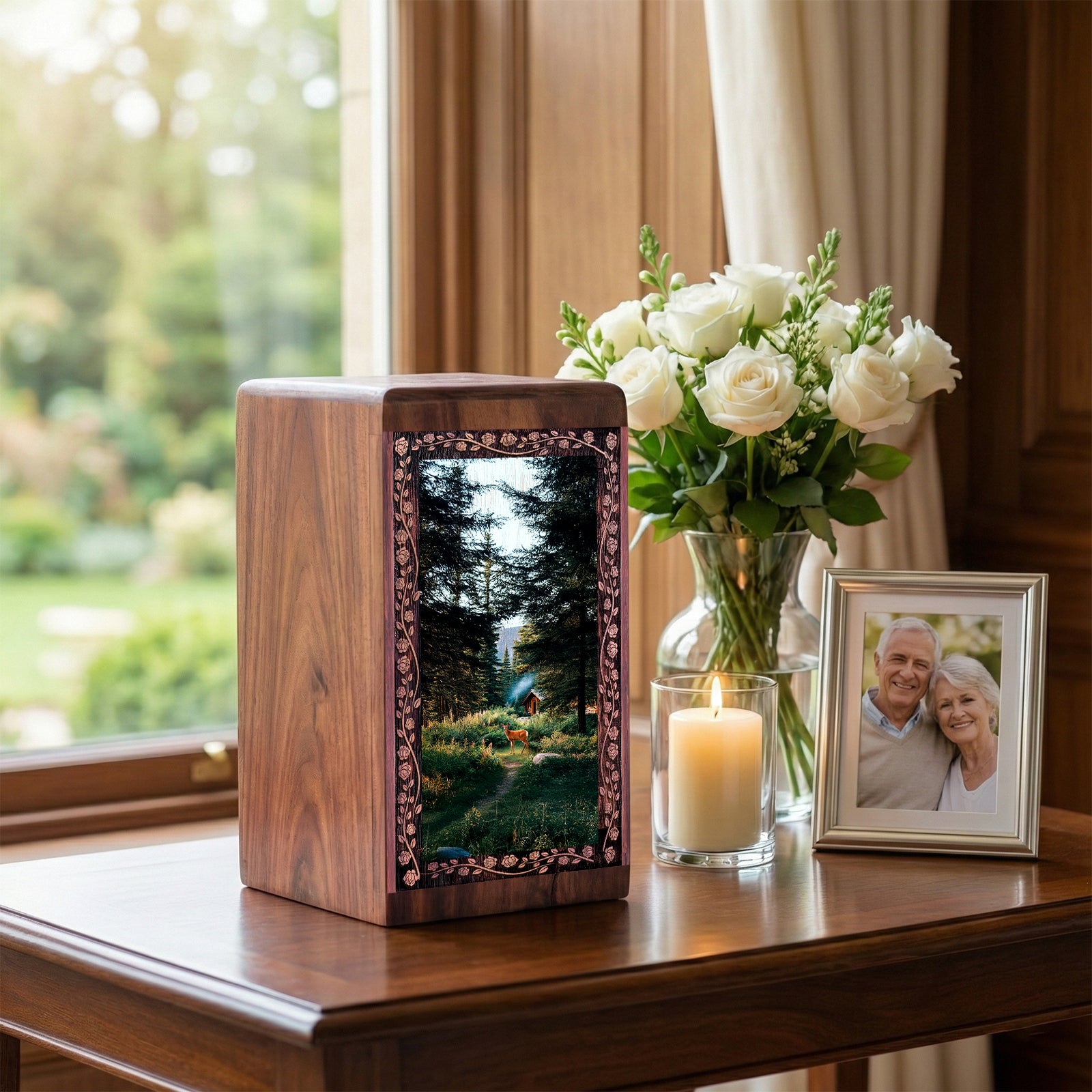 Peaceful Deer Landscape Urn For Ashes - Green Forest Cremation Urn For Burial