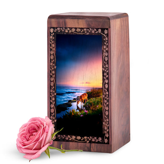 Ocean Sunset Deer Theme Cremation Urn – Wooden Urn for Human Ashes Adult Male