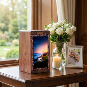 Ocean Sunset Deer Theme Cremation Urn – Wooden Urn for Human Ashes Adult Male