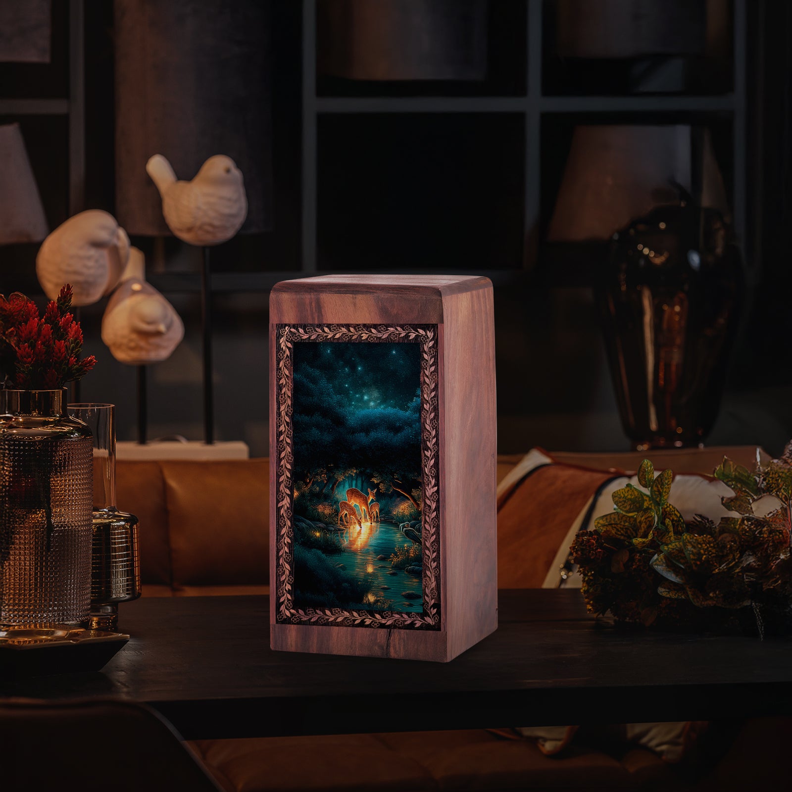 Moonlit Deer Family River Memorial Urn – Night Water Theme For Mom & Dad