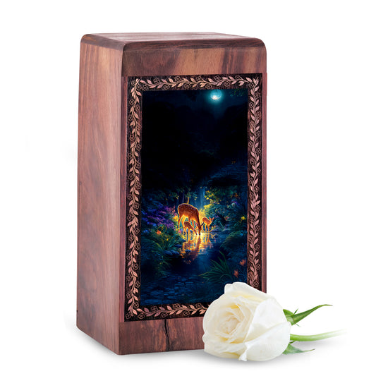 Moonlight Deer Memorial Urn For Human Ashes - Night Water Reflection Theme Keepshake