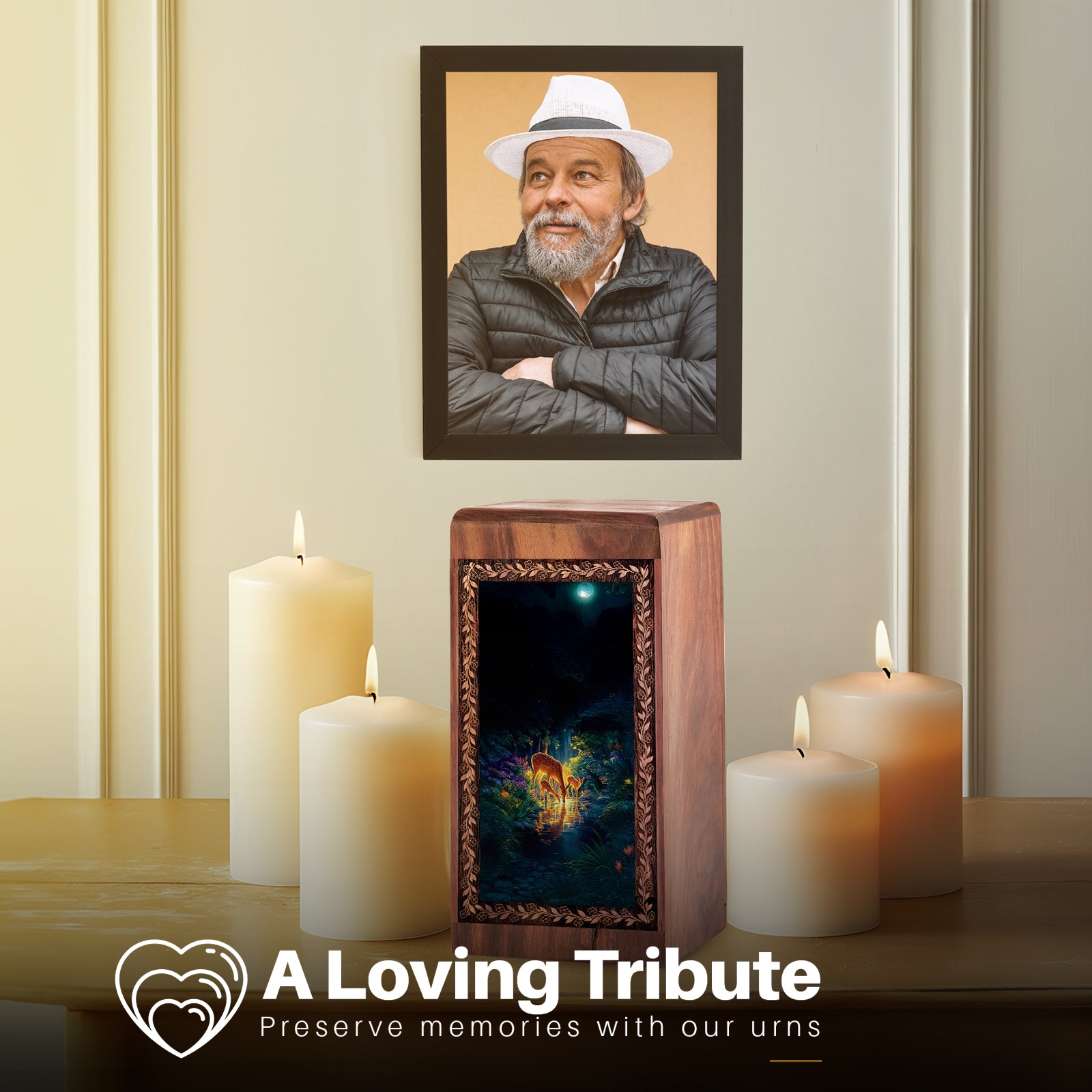Moonlight Deer Memorial Urn For Human Ashes - Night Water Reflection Theme Keepshake