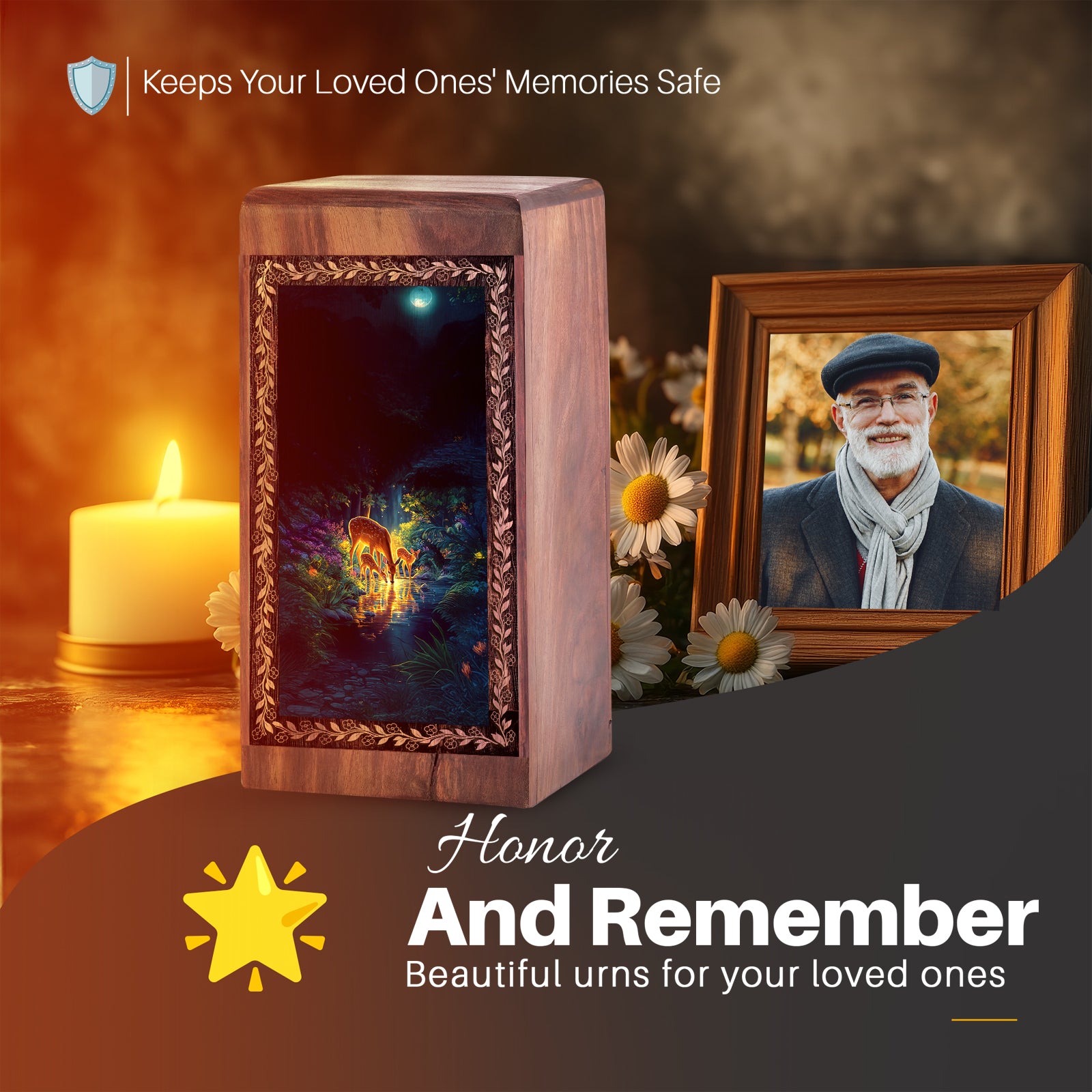 Moonlight Deer Memorial Urn For Human Ashes - Night Water Reflection Theme Keepshake