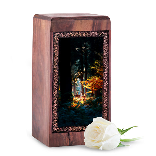 Autumn Light Deer Forest Theme Keepshake - Handmade Wooden Creamtion Urn For Ashes