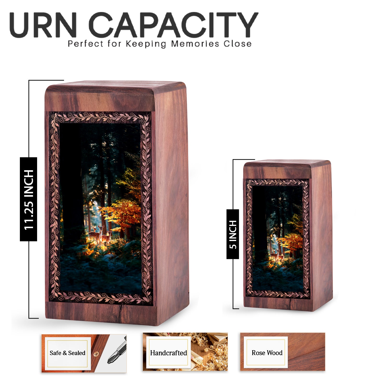 Autumn Light Deer Forest Theme Keepshake - Handmade Wooden Creamtion Urn For Ashes