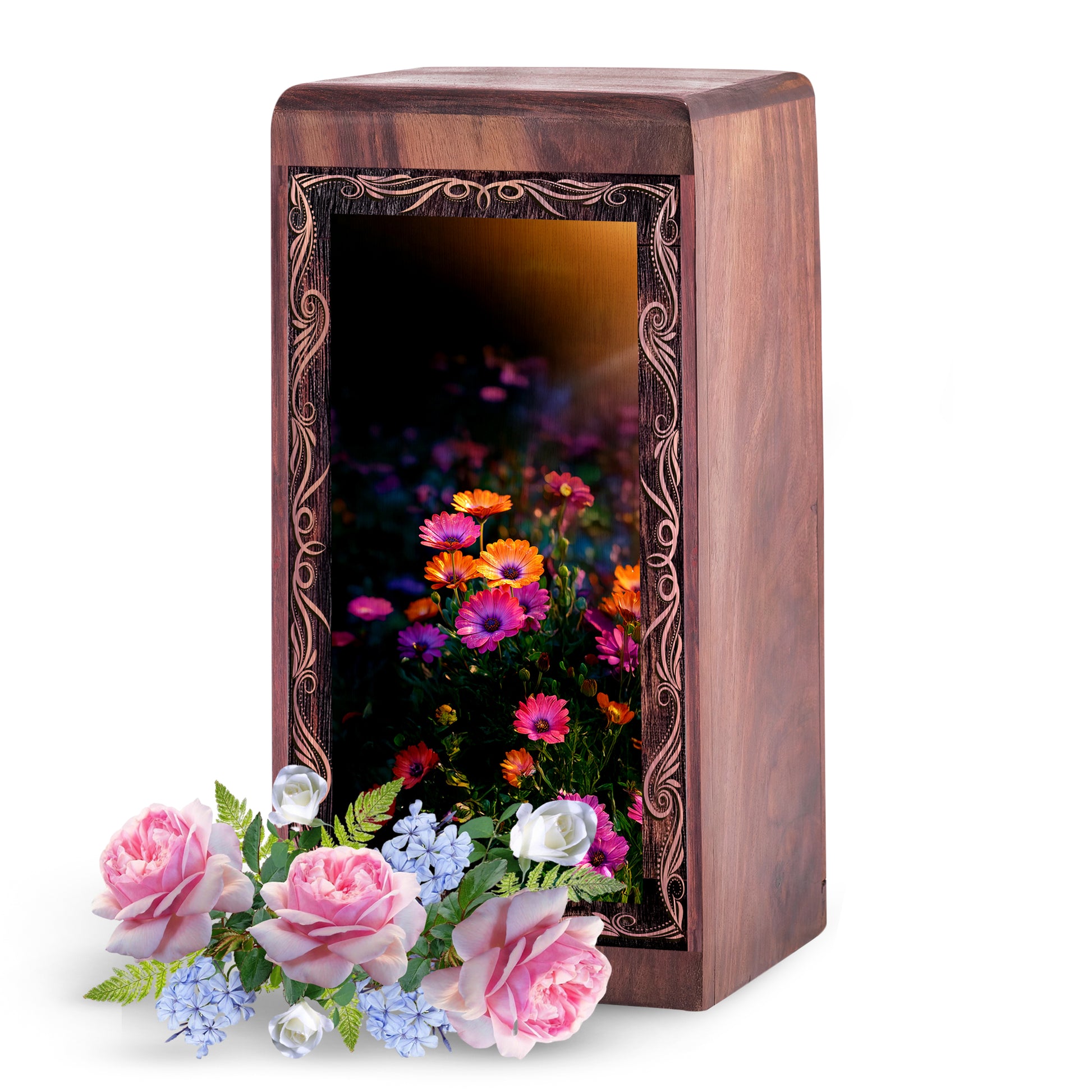 Elegant Flower Cremation Urn - Floral Art Theme Handmade Wooden Urn