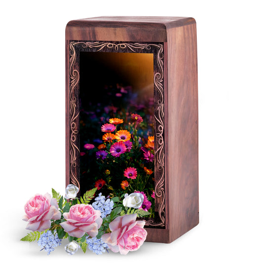 Elegant Flower Cremation Urn - Floral Art Theme Handmade Wooden Urn