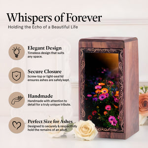 Elegant Flower Cremation Urn - Floral Art Theme Handmade Wooden Urn