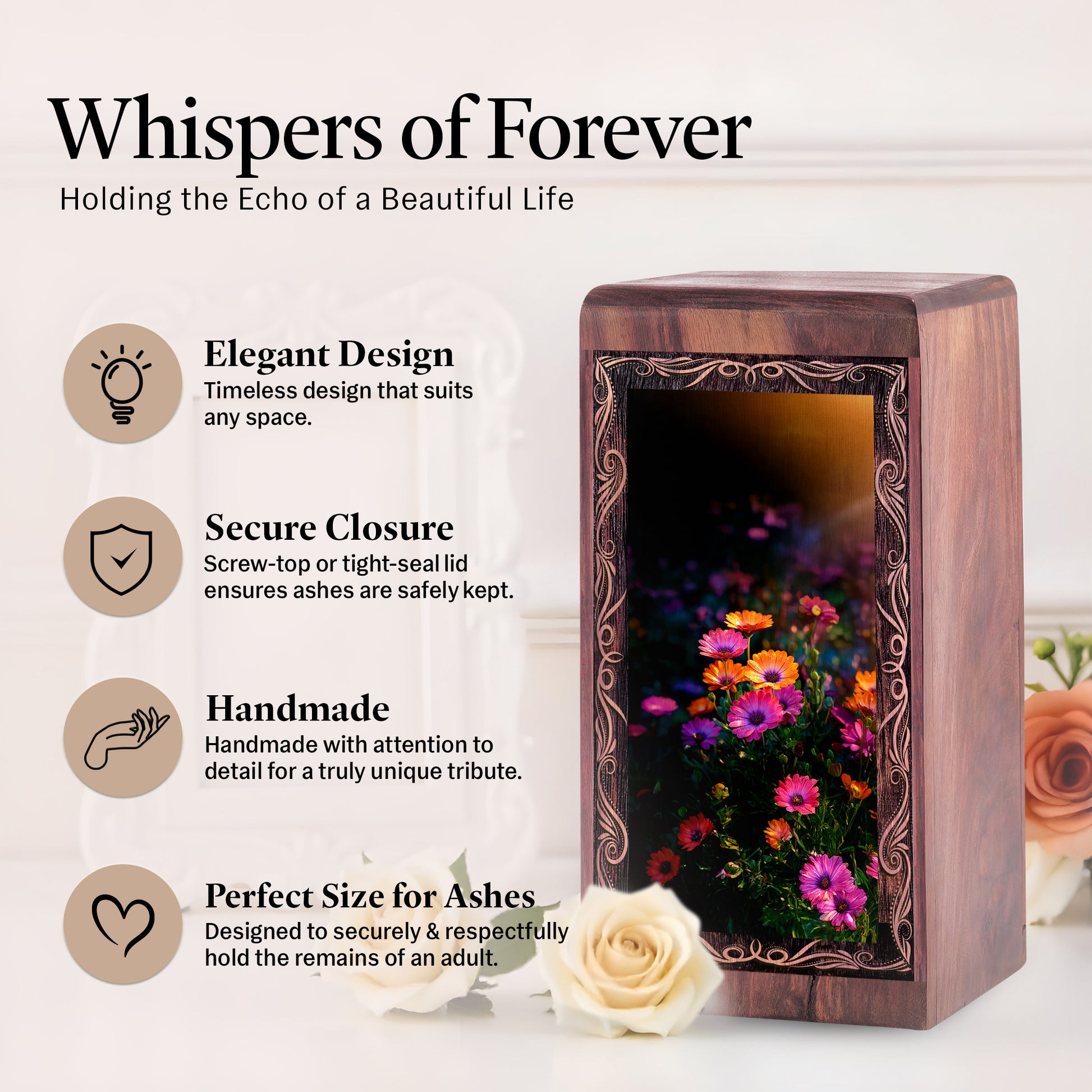 Elegant Flower Cremation Urn - Floral Art Theme Handmade Wooden Urn