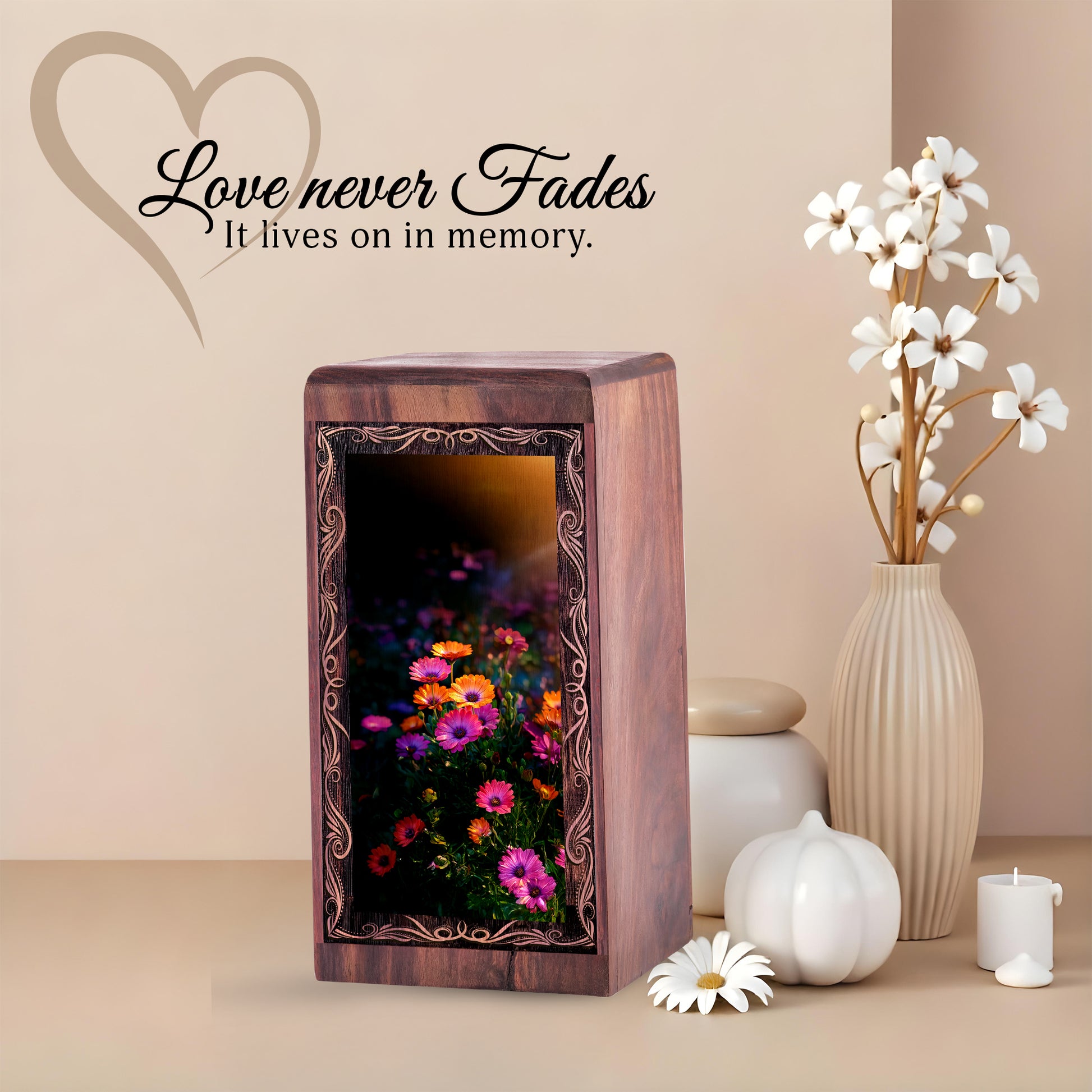 Elegant Flower Cremation Urn - Floral Art Theme Handmade Wooden Urn