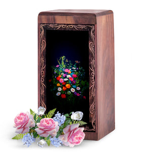 Artistic Floral Theme Memorial Urn - Flower Handmade Rosewood Urn Box