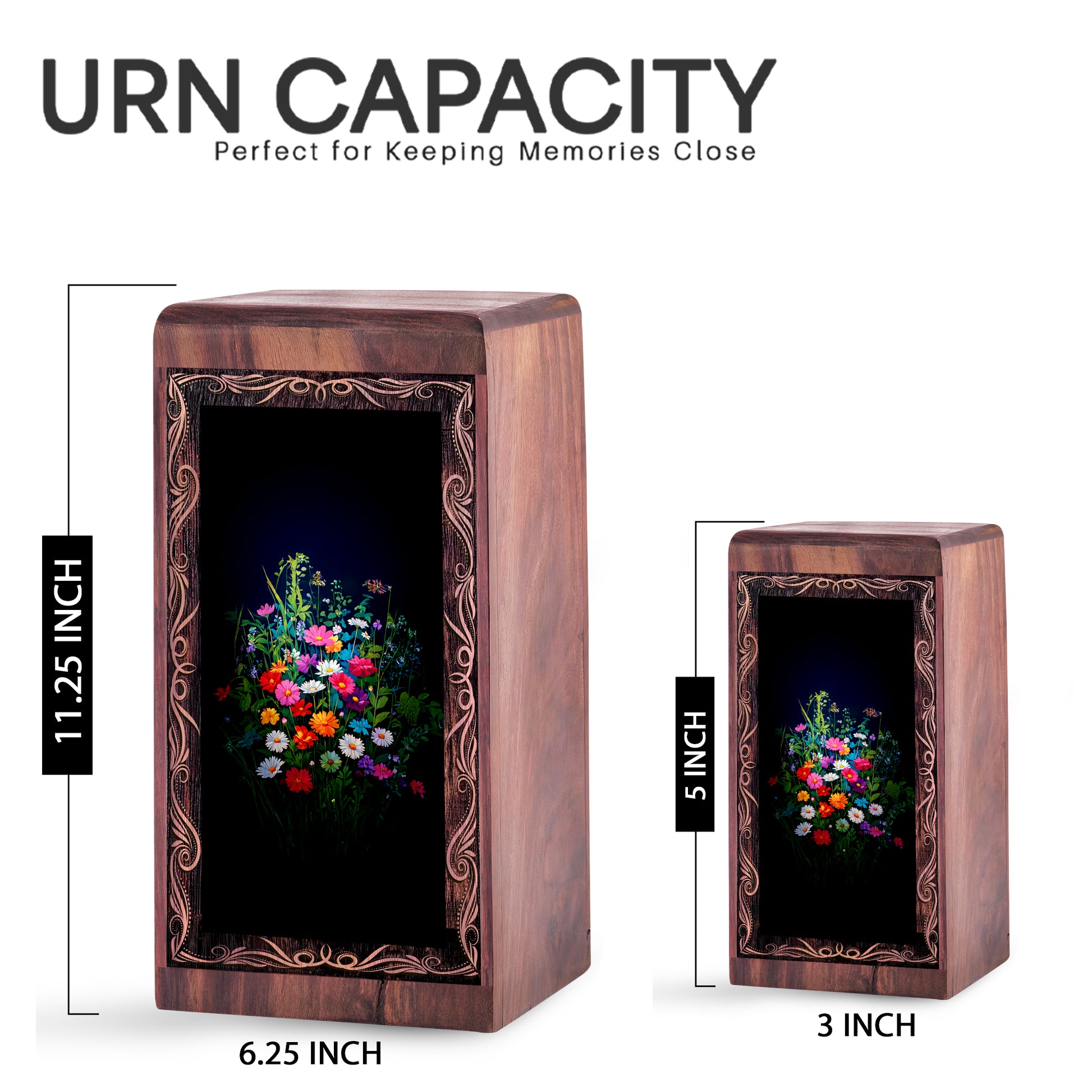 Artistic Floral Theme Memorial Urn - Flower Handmade Rosewood Urn Box