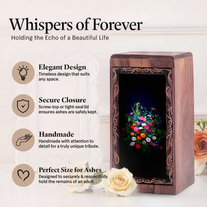 Artistic Floral Theme Memorial Urn - Flower Handmade Rosewood Urn Box