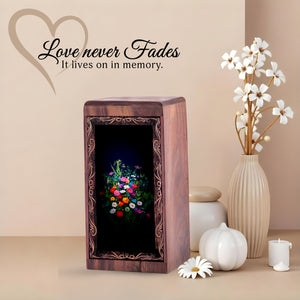 Artistic Floral Theme Memorial Urn - Flower Handmade Rosewood Urn Box