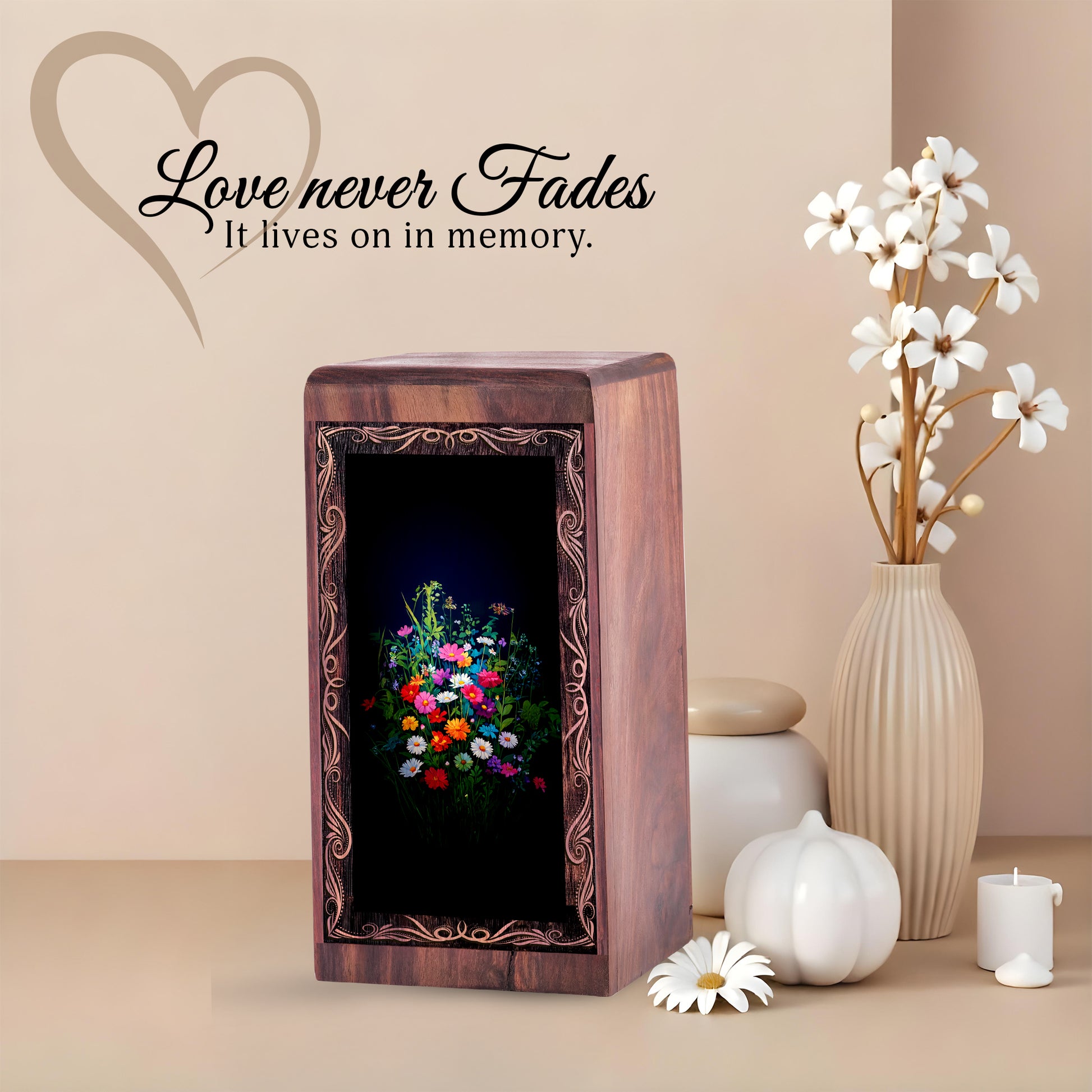 Artistic Floral Theme Memorial Urn - Flower Handmade Rosewood Urn Box