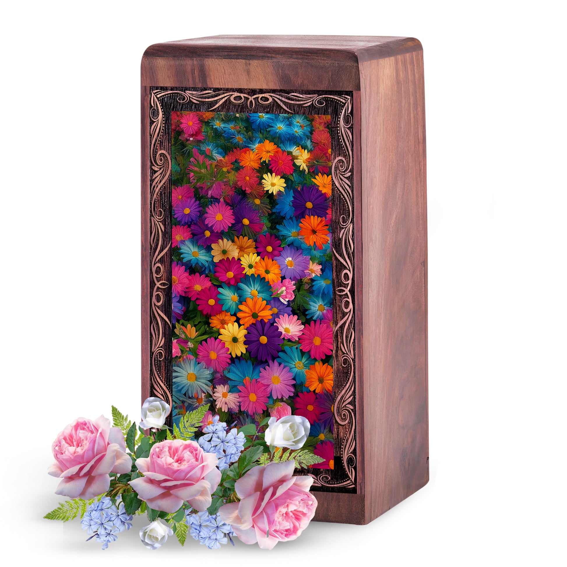 Floral Flower Garden Wood Box Urn - Blooming Colorful Theme Urn For Human Adutls