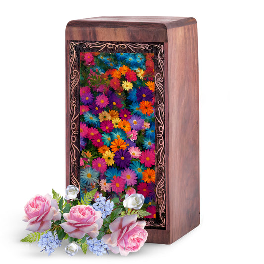 Floral Flower Garden Wood Box Urn - Blooming Colorful Theme Urn For Human Adutls