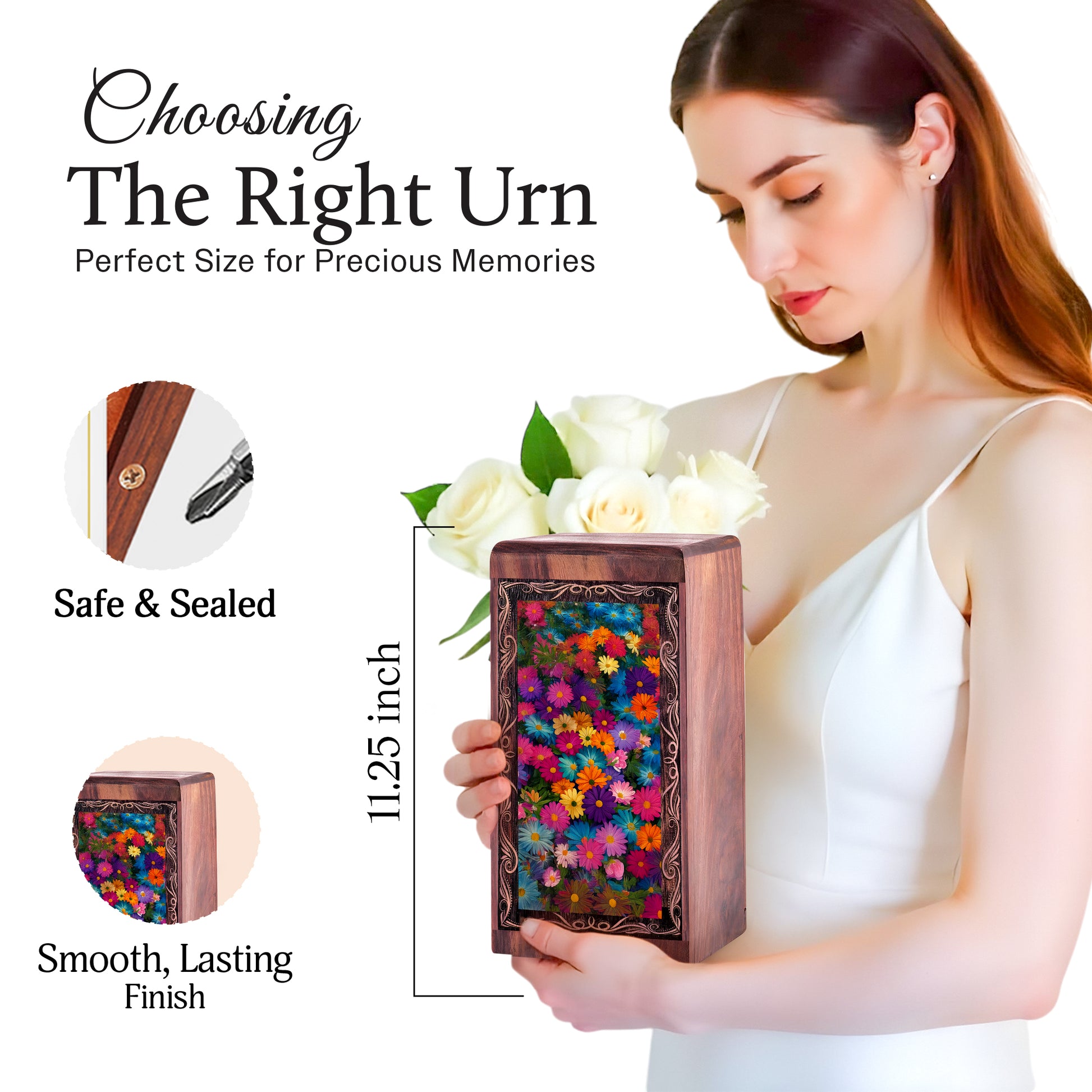 Floral Flower Garden Wood Box Urn - Blooming Colorful Theme Urn For Human Adutls