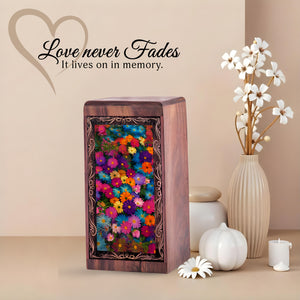 Floral Flower Garden Wood Box Urn - Blooming Colorful Theme Urn For Human Adutls