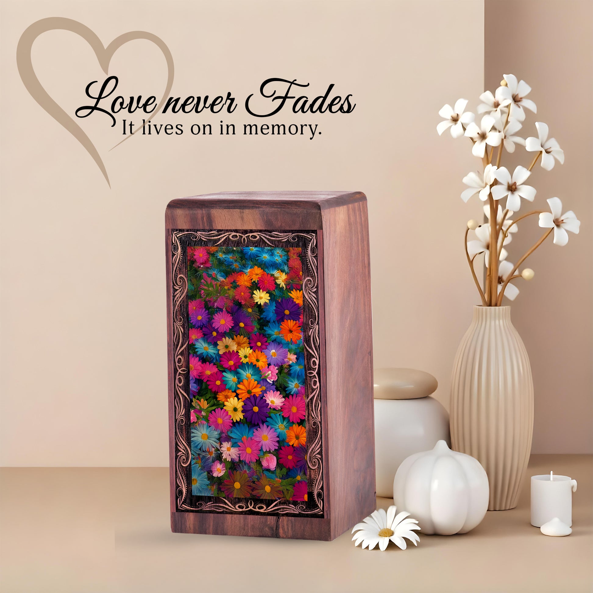 Floral Flower Garden Wood Box Urn - Blooming Colorful Theme Urn For Human Adutls