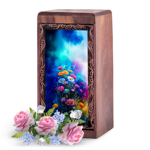 Blue Gradient Flower Furneral For Ashes - Wooden Urns For Adults Male