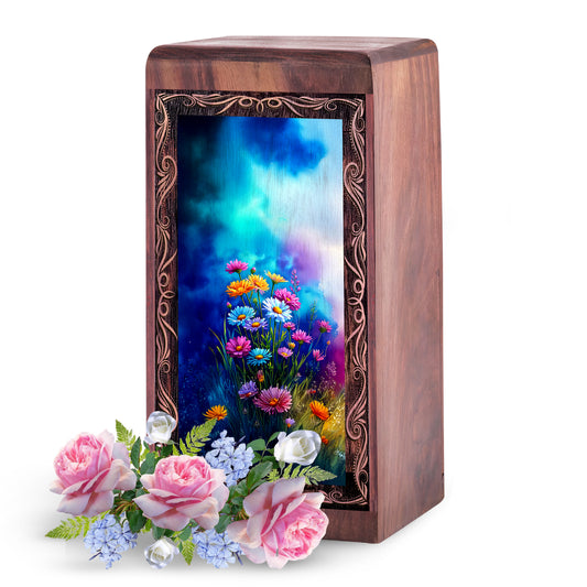 Blue Gradient Flower Furneral For Ashes - Wooden Urns For Adults Male