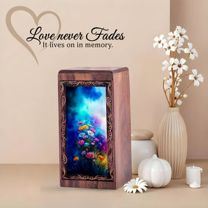 Blue Gradient Flower Furneral For Ashes - Wooden Urns For Adults Male