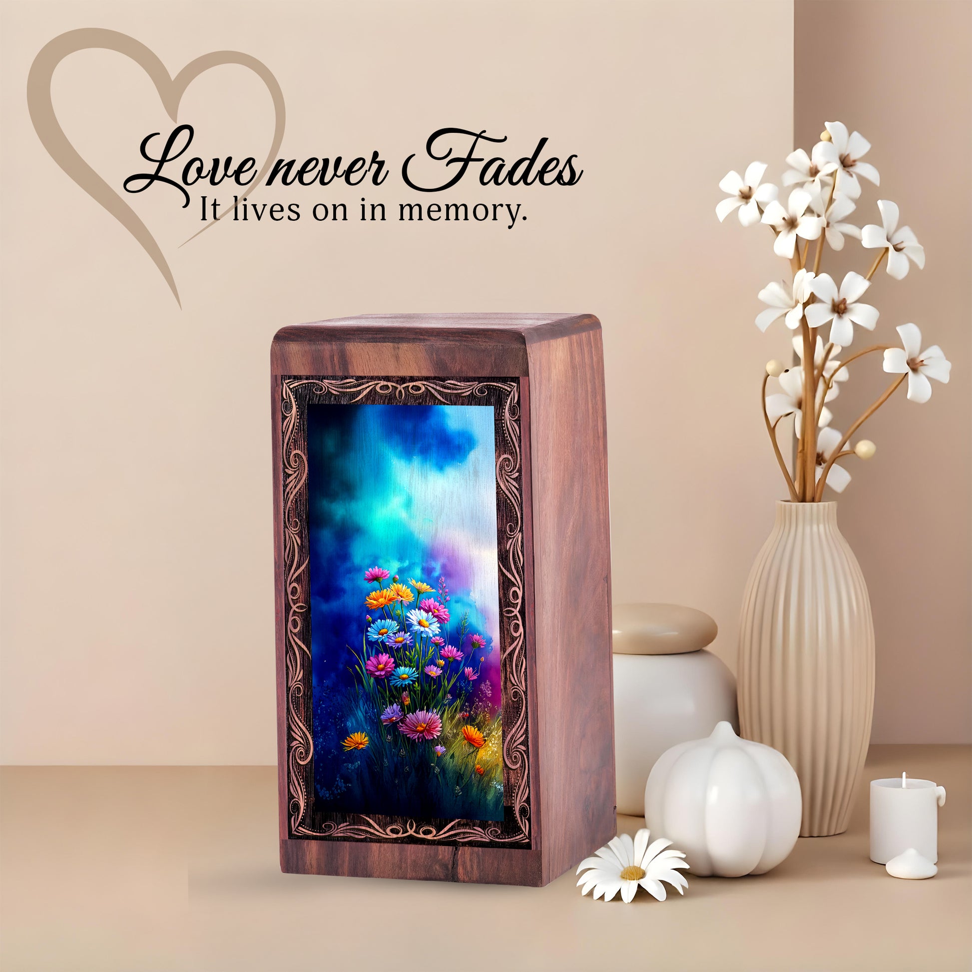 Blue Gradient Flower Furneral For Ashes - Wooden Urns For Adults Male