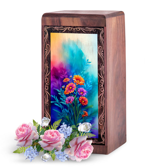Flower Cremation Urn For Human Ashes - Rainbow Floral Theme Urn For Burial