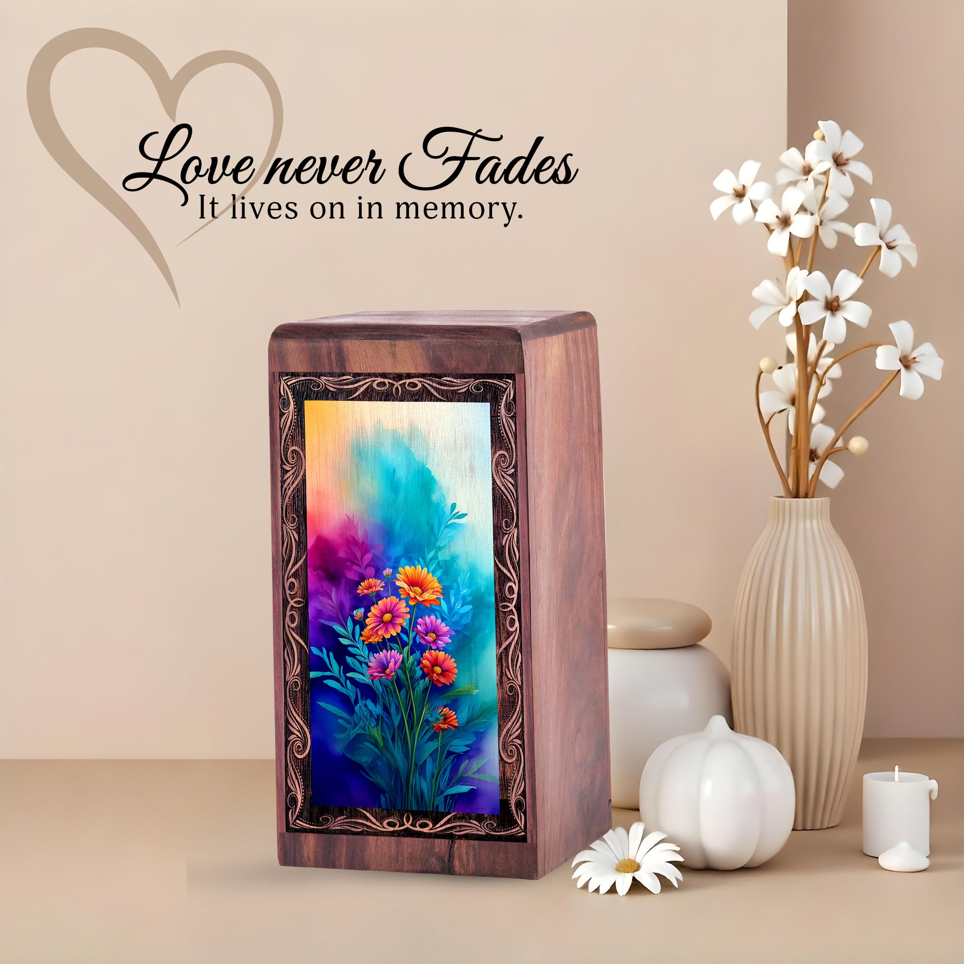 Flower Cremation Urn For Human Ashes - Rainbow Floral Theme Urn For Burial