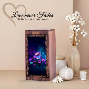 Night Bloom Theme Memorial Urn - Purple Floral Wooden Keepsake Cremation Urns