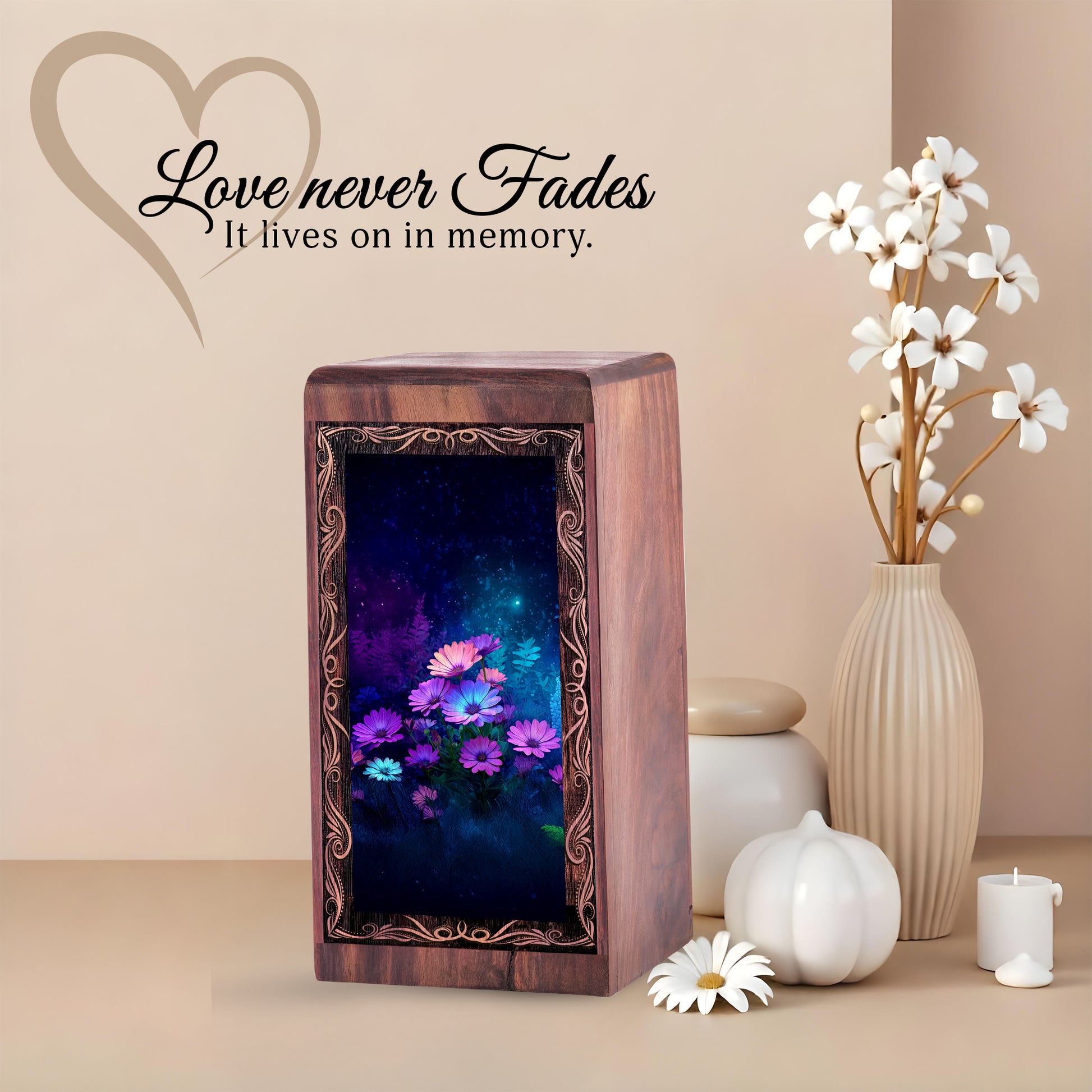 Night Bloom Theme Memorial Urn - Purple Floral Wooden Keepsake Cremation Urns