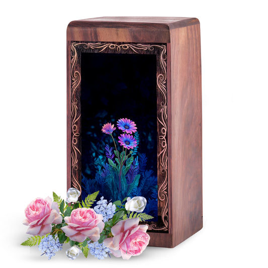 Blue Bloom Floral Cremation Urn For Ashes - Minimal Flower Theme Urn For Mom & Dad