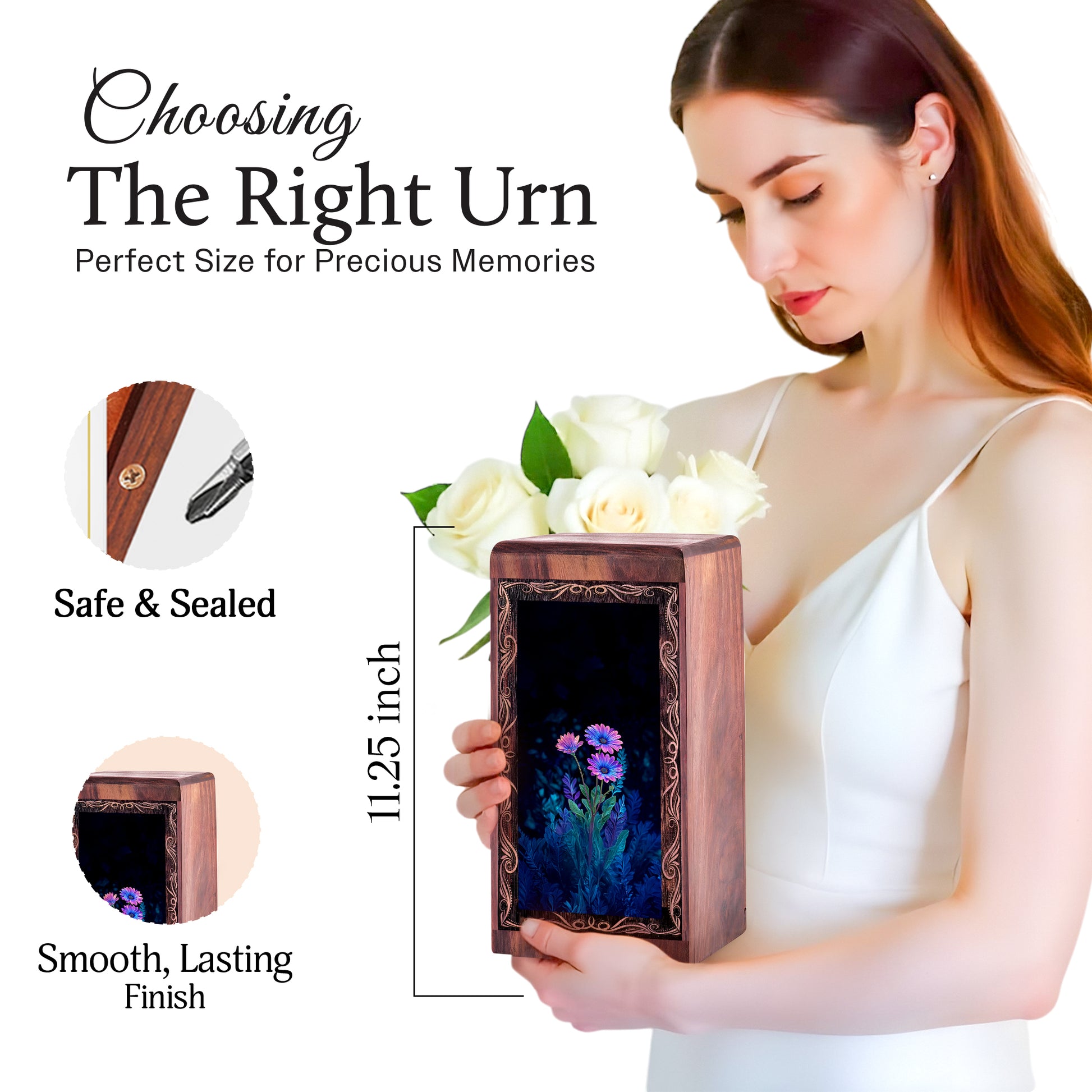 Blue Bloom Floral Cremation Urn For Ashes - Minimal Flower Theme Urn For Mom & Dad