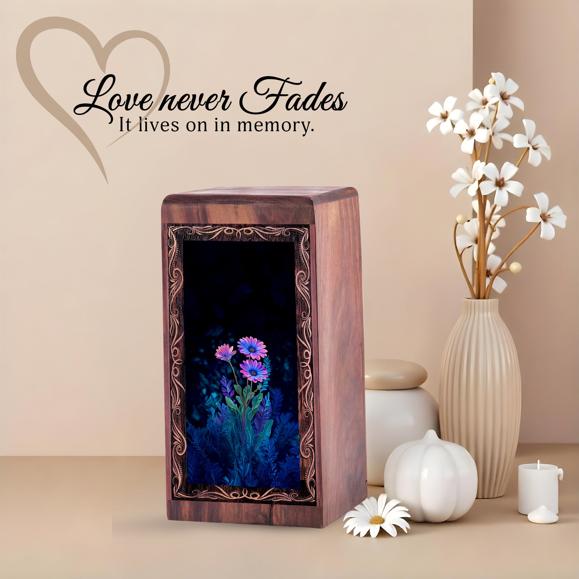 Blue Bloom Floral Cremation Urn For Ashes - Minimal Flower Theme Urn For Mom & Dad